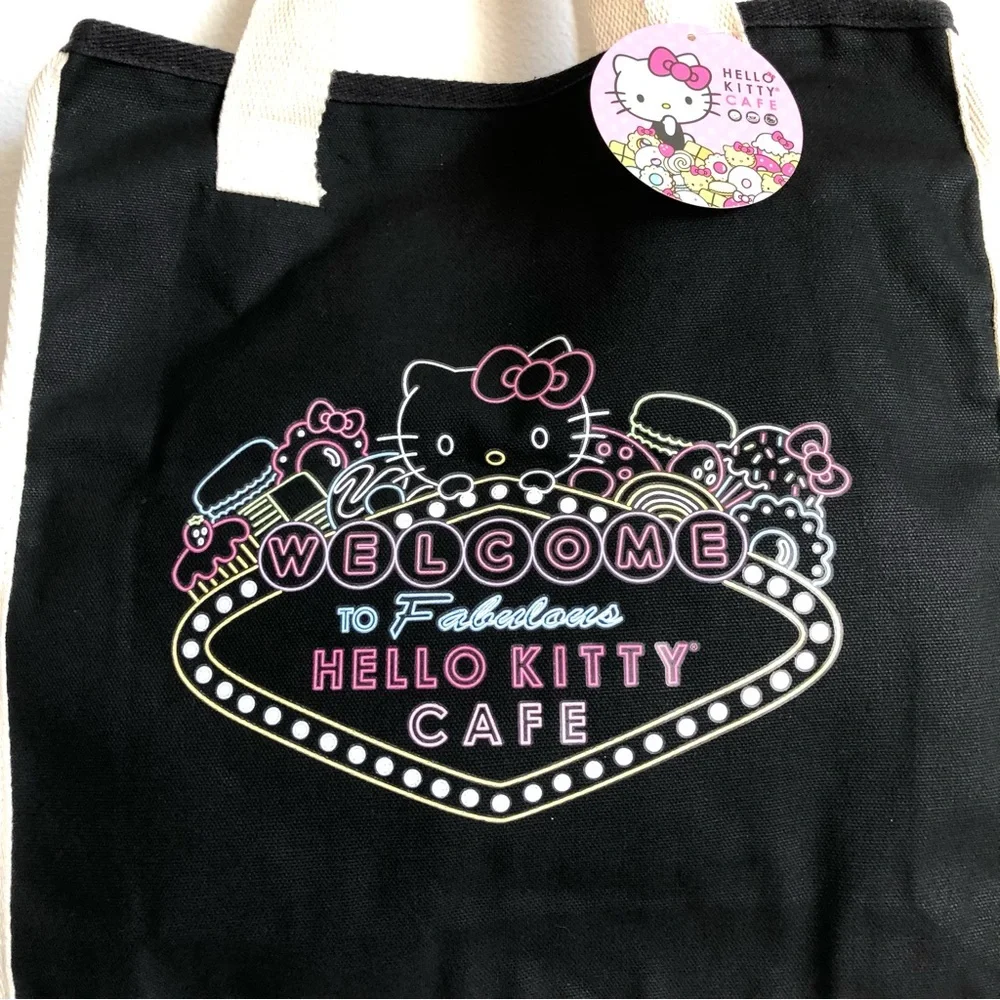 NWT Sanrio Hello Kitty Cafe Las Vegas Black Pastel Dessert Theme Canvas Tote Bag